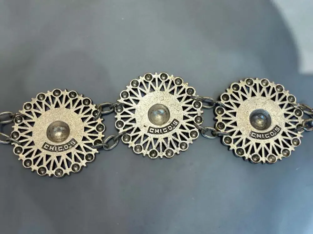 Chico's Black Leather and Silver Tone Floral Medallion Concho Belt Size Small
